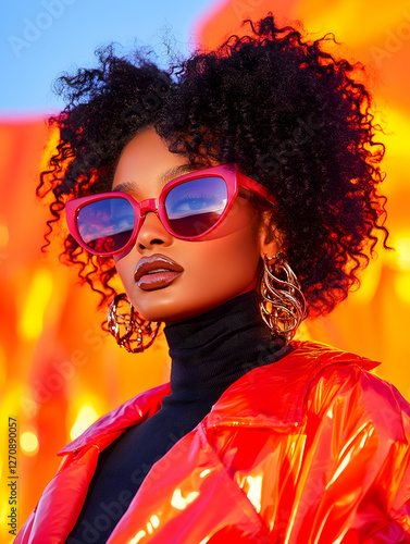 Stylish black woman poses in orange coat for beauty fashion lifestyle, sunny day