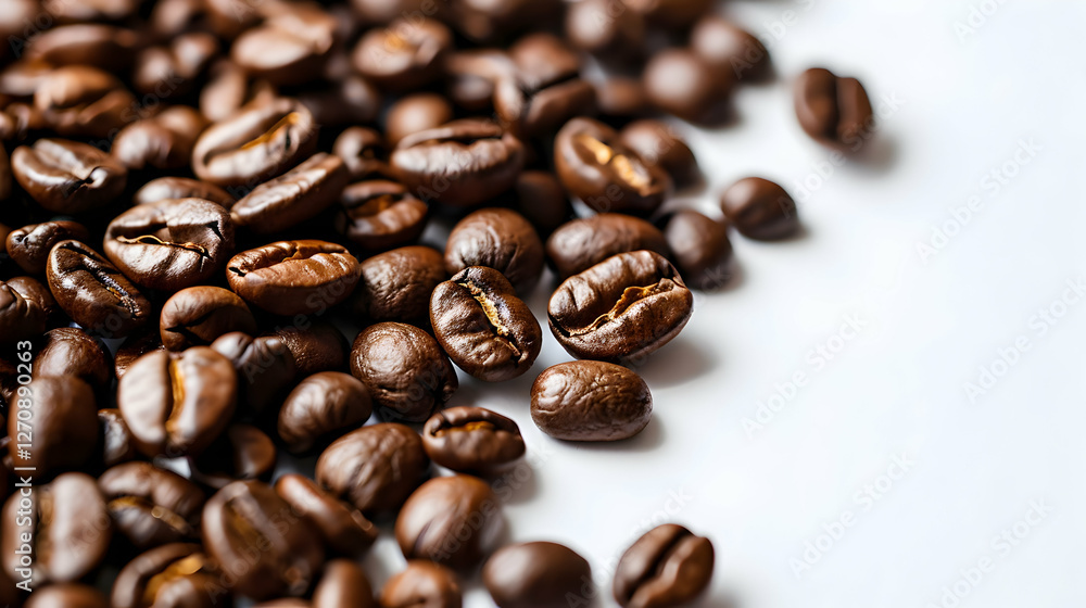 Naklejka premium Close-up of roasted coffee beans scattered on a white surface, highlighting their rich color and texture