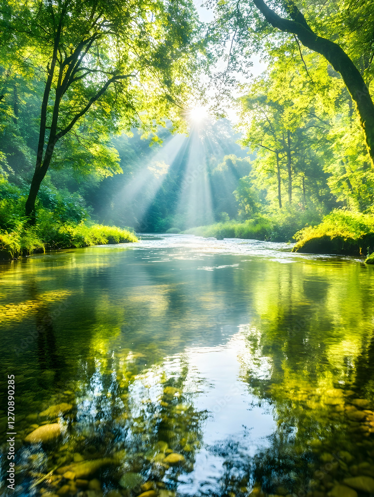 Fototapeta premium Sun rays shine through trees over stream. Serene landscape for nature print