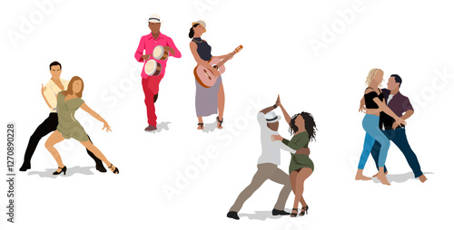 Dancing People, Dancer Bachata, Salsa, Flamenco, Tango, Latina Dance. Set of people in different dance poses and musicians playing Latin music. Cartoon style vector realistic illustrations isolated.