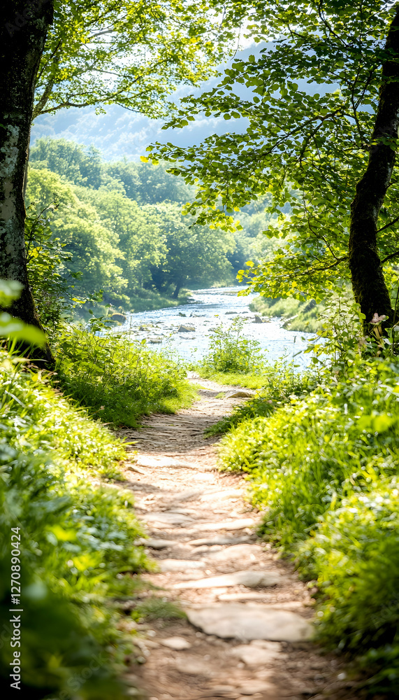 Obraz premium Sunny trail leads to a river, surrounded by vibrant green trees. Use for travel ads