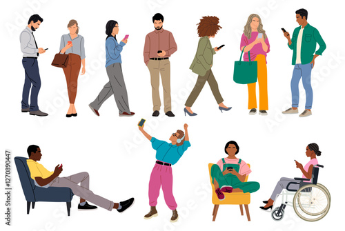 Set of different people standing, walking, sitting using mobile phone, gadgets. Colorful flat vector illustrations isolated on transparent background