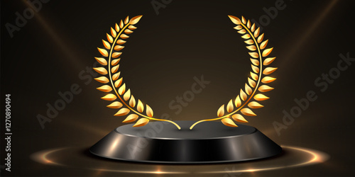 Award round podium with laurel wreath on dark background. Victory, achievement, success, rewarding of winner.
