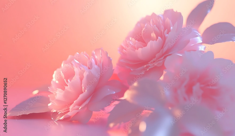 Three Delicate Pink Peonies Surrounded by Soft Lighting and Leaves Creating Serene Floral Arrangement Three Delicate Pink Peonies Surrounded by Soft Lighting and Leaves Creating Serene Floral Arrangement