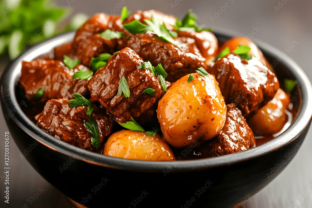 Tasty beef stew with potatoes served in black bowl; rustic kitchen scene Tasty beef stew with potatoes served in black bowl; rustic kitchen scene