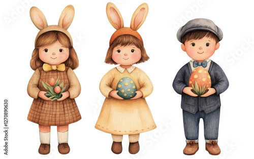 Three children dressed as bunnies, holding colorful Easter eggs, cheerful and festive theme, perfect for seasonal celebrations.