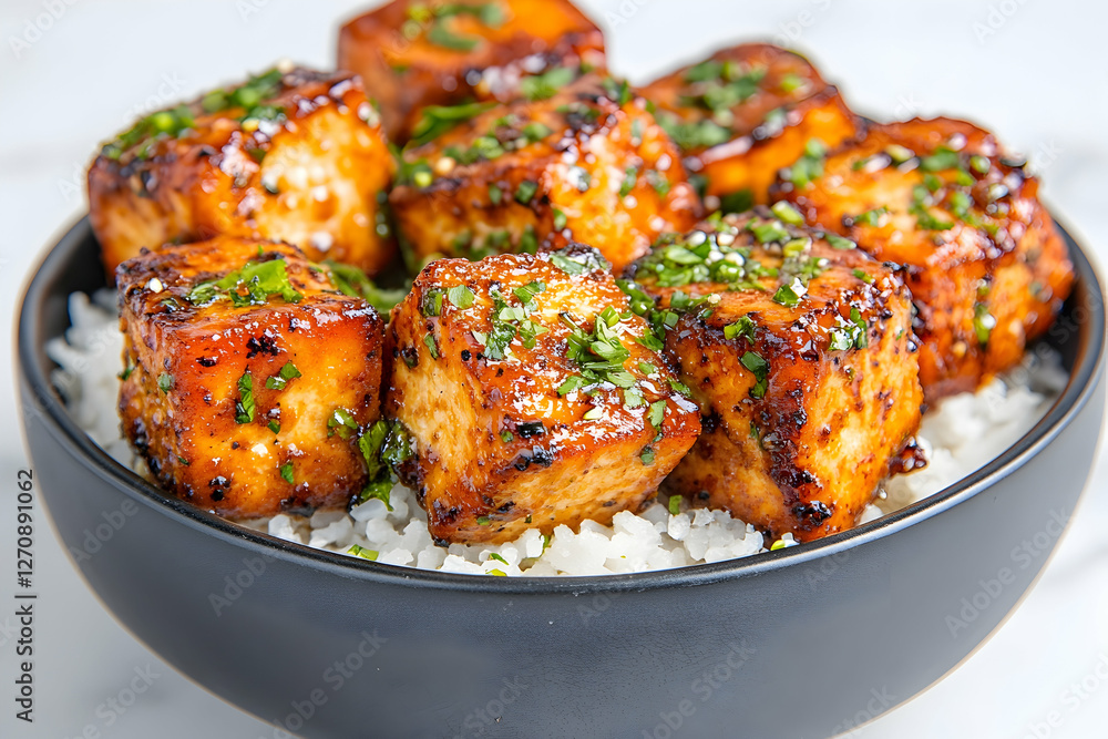 Teriyaki Tofu over Rice in a Bowl. Asian cuisine, healthy food, lunch dish Teriyaki Tofu over Rice in a Bowl. Asian cuisine, healthy food, lunch dish
