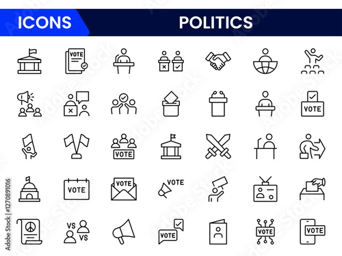 Politics icon set. It contains vector icons of Teams, Decrees, Votes, Absenteeism, Ballots, Campaigns, Demographics, Wars, Patriotism, Elections, Flags, Solutions, and Checking.