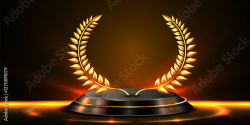 Award round podium with laurel wreath on dark background. Victory, achievement, success, rewarding of winner.