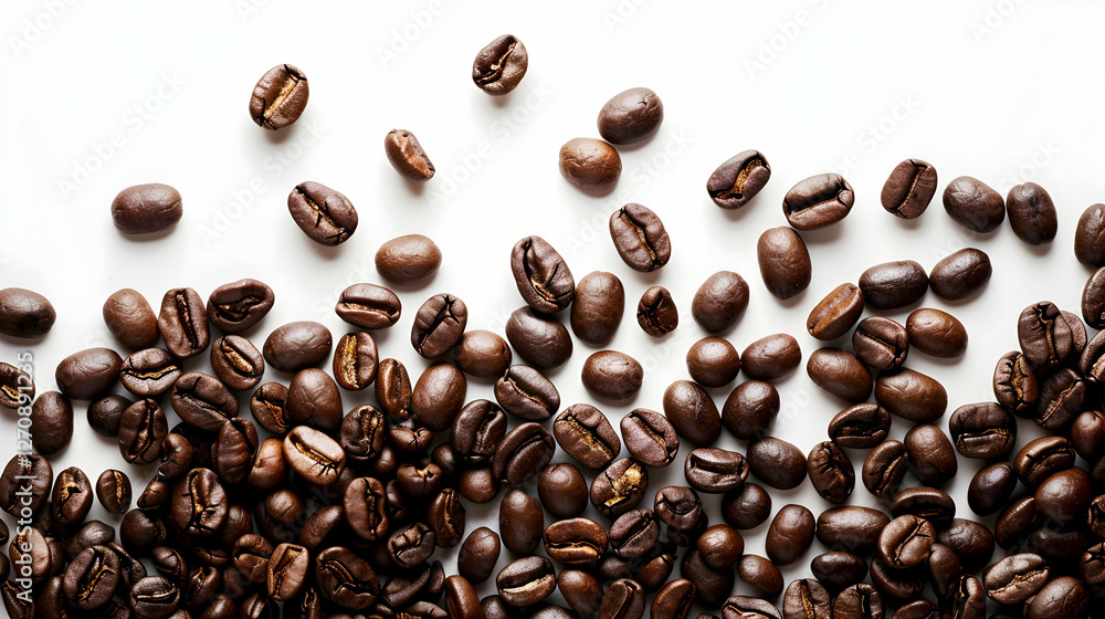 Obraz premium Close-up of scattered coffee beans on a white surface, highlighting their rich texture and color