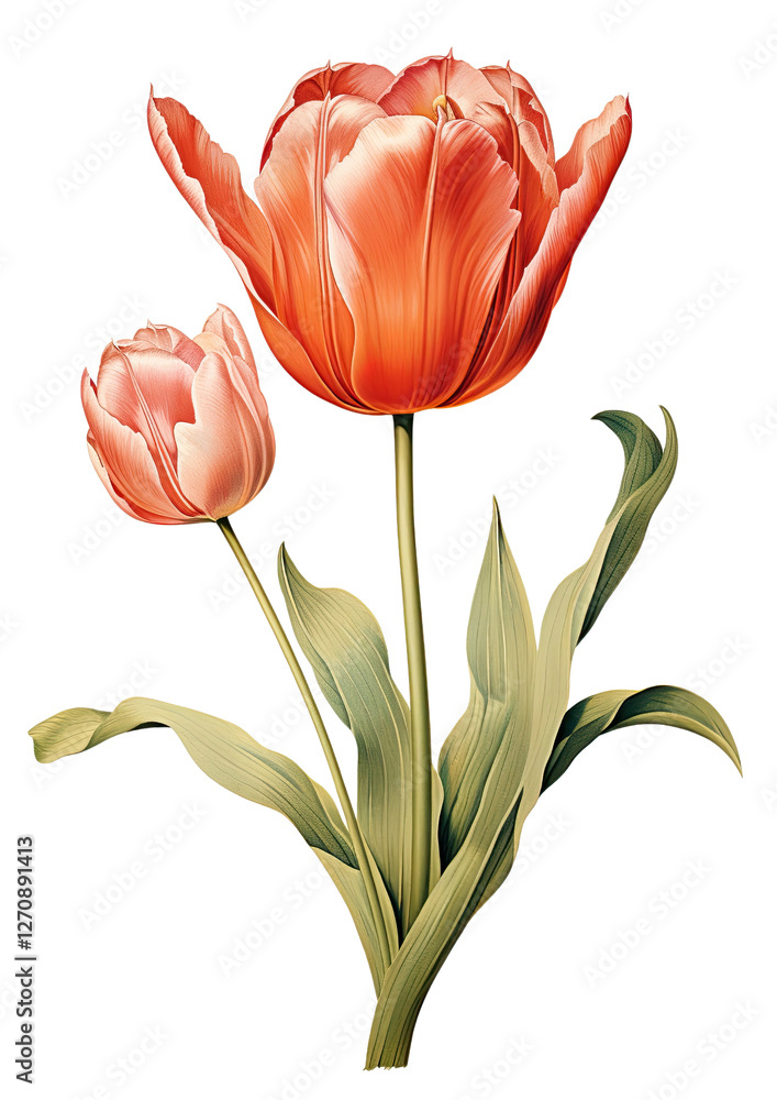 Fototapeta premium Two vibrant red tulips with lush green leaves against a white background.