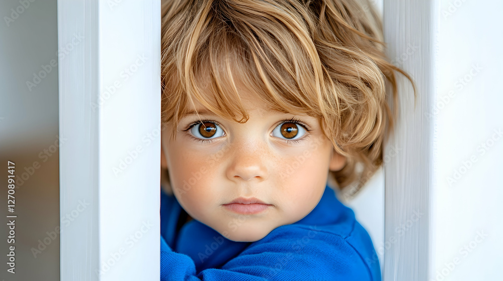 Toddler looking through white bars, expressive face, eye contact, soft background Toddler looking through white bars, expressive face, eye contact, soft background