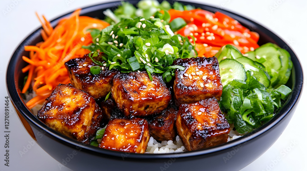Tofu bowl on rice with assorted vegetables for healthy Asian cuisine meal Tofu bowl on rice with assorted vegetables for healthy Asian cuisine meal