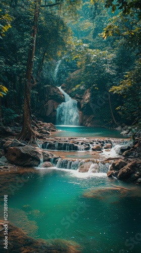 streaming waterfall in tropical jungle rainforest. Name  waterfall in  national park in deep forest on mountain. Around of brook has green jungle from big tree. Forest protected by forester.  photo