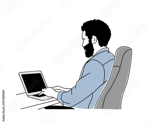 Business man sitting at the desk working on laptop back side view. Simple outline drawing, vector sketch illustration isolated 