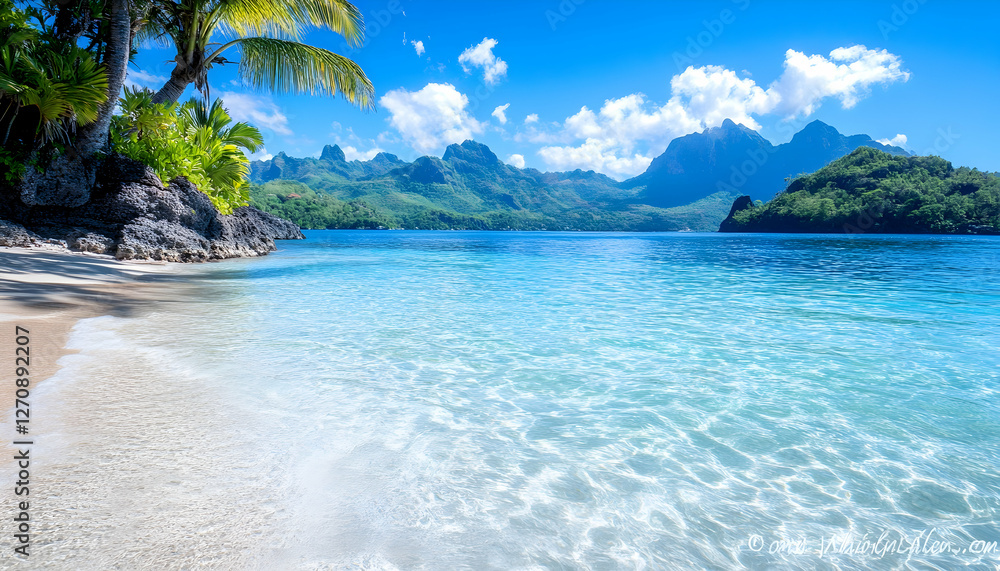 Fototapeta premium Tropical beach paradise, clear water, mountains, palm trees, vacation