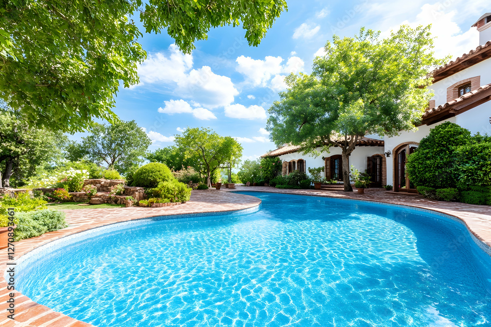 Villa's Swimming Pool in Summer. Vacation or Real Estate promotional material Villa's Swimming Pool in Summer. Vacation or Real Estate promotional material