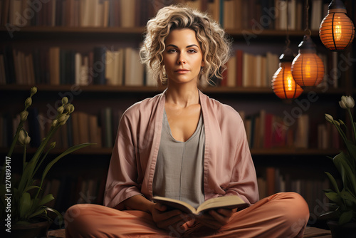 Woman sitting in lotus position in library. Rest and reboot from everyday life. photo