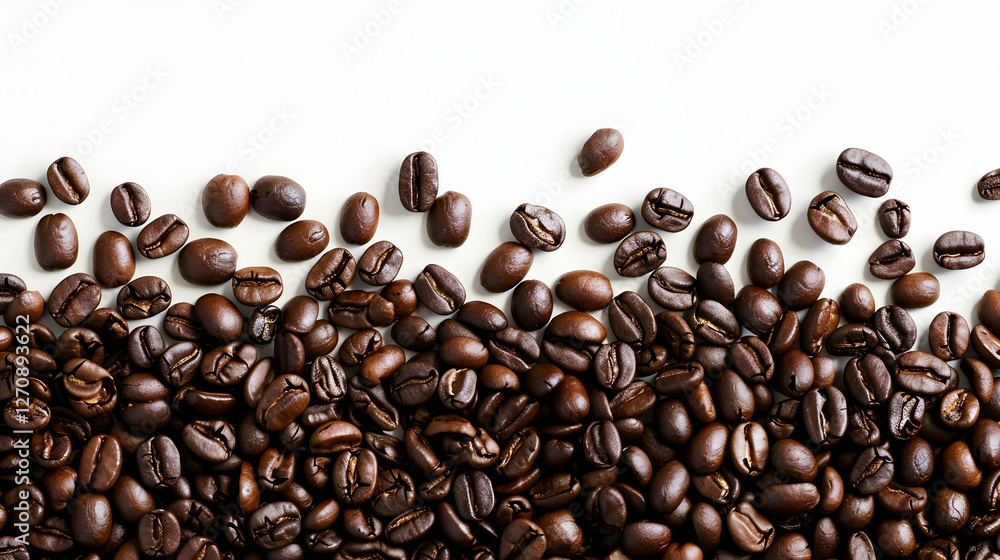 Obraz premium Close-up of freshly roasted coffee beans scattered on a clean white surface, showcasing texture