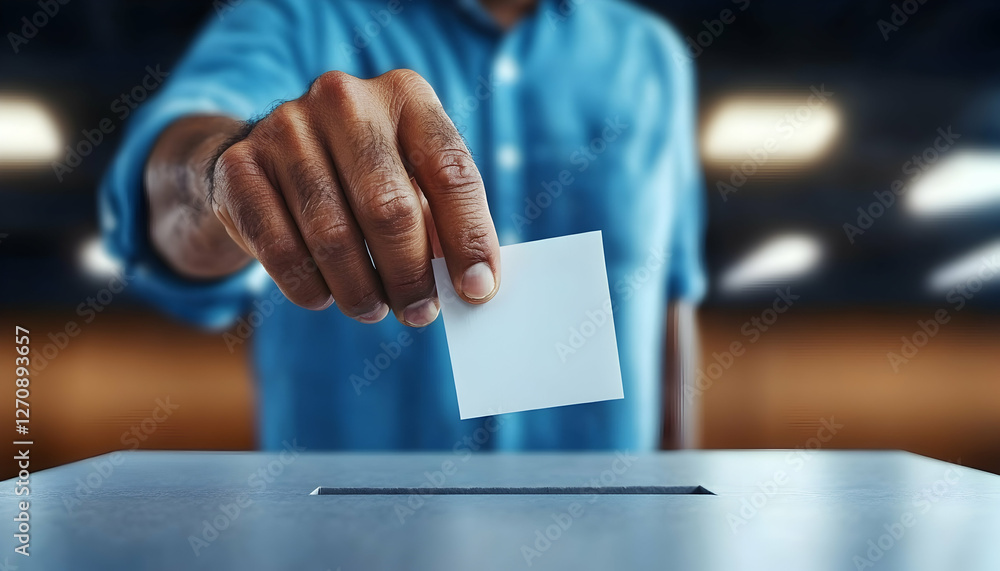 Voter drops ballot into box, casting vote at polling station, public service Voter drops ballot into box, casting vote at polling station, public service