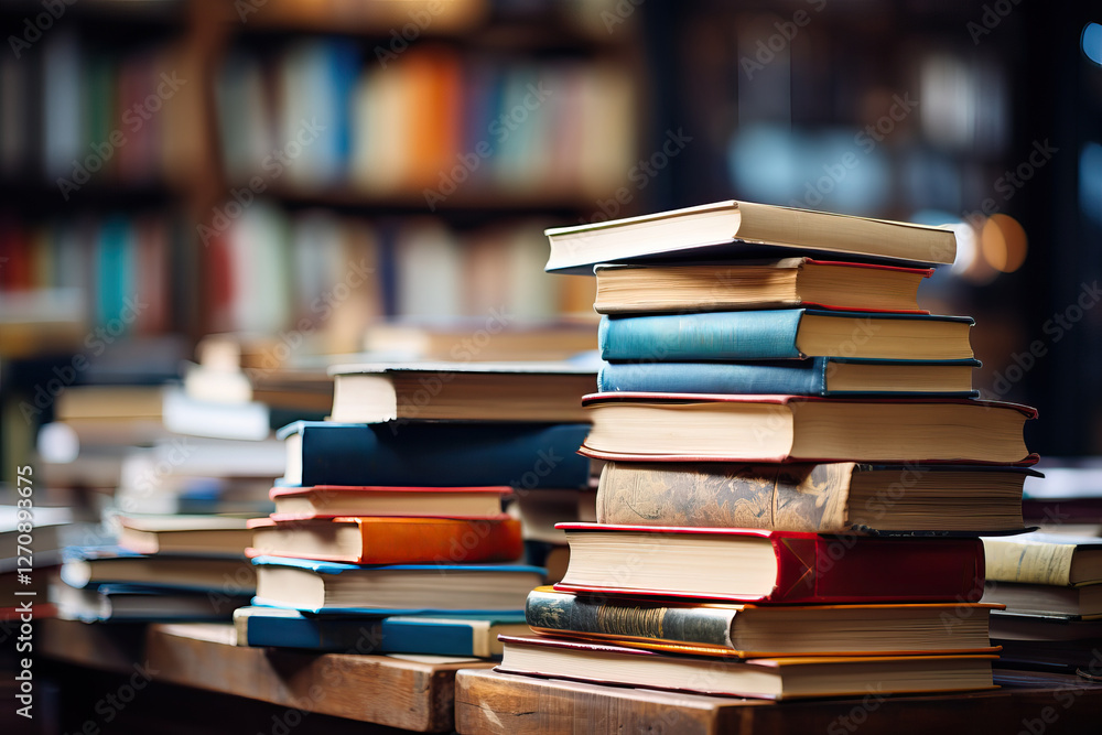 Various stacks of books are arranged on a wooden table, creating a visually appealing display of literature and knowledge. The books showcase different sizes, colors, and styles. Various stacks of books are arranged on a wooden table, creating a visually appealing display of literature and knowledge. The books showcase different sizes, colors, and styles.