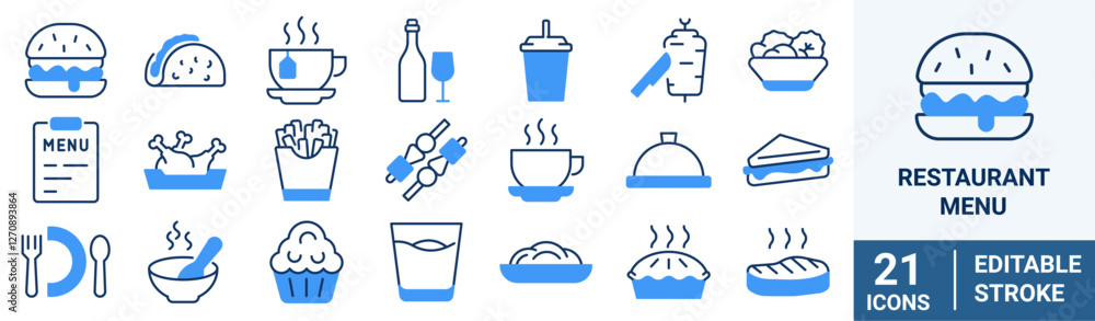 Restaurant menu line icons set. Salad, breakfast, fast food dinner, pizza, pasta, sushi, cocktails, vegetarian meal, vector illustration. Editable Stroke Restaurant menu line icons set. Salad, breakfast, fast food dinner, pizza, pasta, sushi, cocktails, vegetarian meal, vector illustration. Editable Stroke