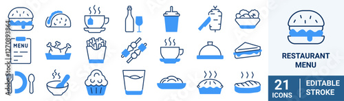 Restaurant menu line icons set. Salad, breakfast, fast food dinner, pizza, pasta, sushi, cocktails, vegetarian meal, vector illustration. Editable Stroke