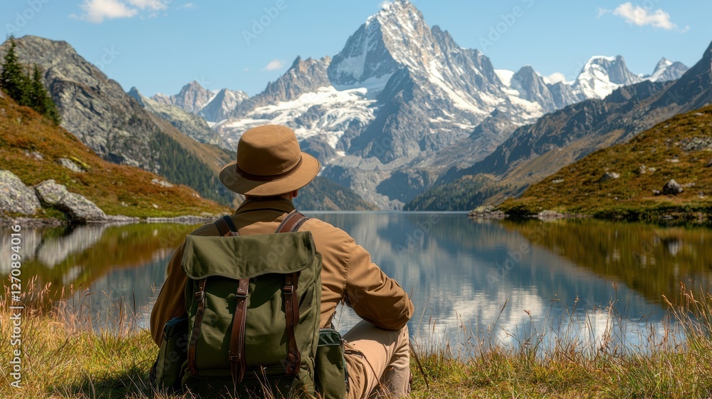 Serene hiker by a tranquil mountain lake Serene hiker by a tranquil mountain lake
