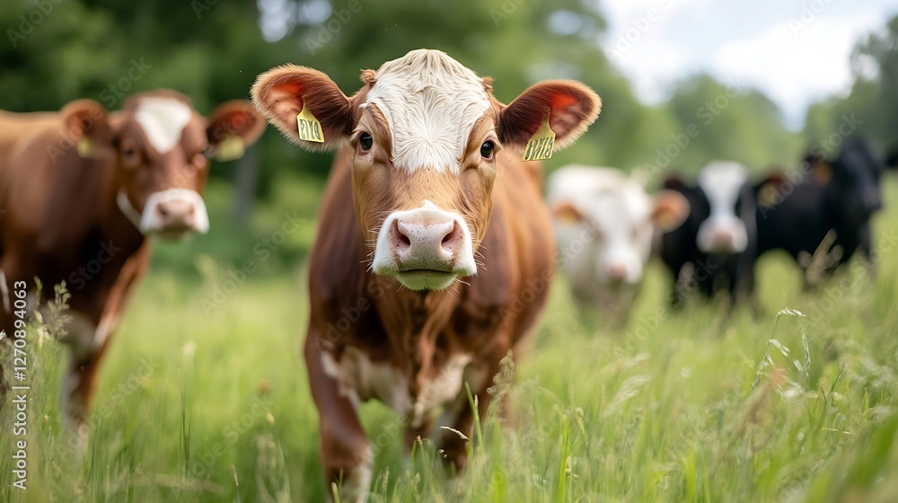 Curious Brown Cows Grazing in a Lush Green Field Under a Bright Blue Sky : Generative AI Curious Brown Cows Grazing in a Lush Green Field Under a Bright Blue Sky : Generative AI