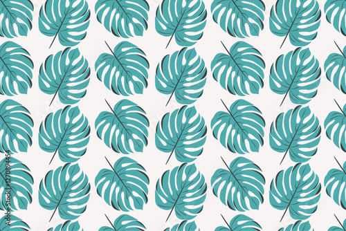 Seamless tropical monstera leaf pattern with teal foliage on white background in modern botanical design. Design for wallpaper, cover, cards, packaging, flyer.