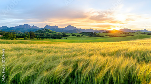 Wheat field at sunset with mountain background for agricultural stock photos