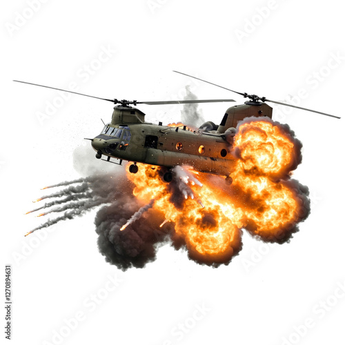 explosion of a helicopter in the air due to a shell hit