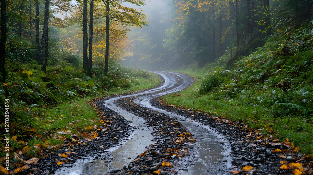 Fototapeta premium Winding road through forest on a misty day for travel brochure or background use