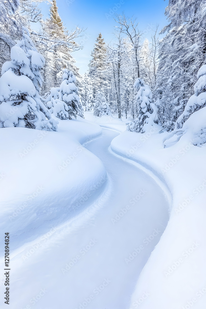 Winding trail through snowy forest in winter, untouched nature, scenic background Winding trail through snowy forest in winter, untouched nature, scenic background