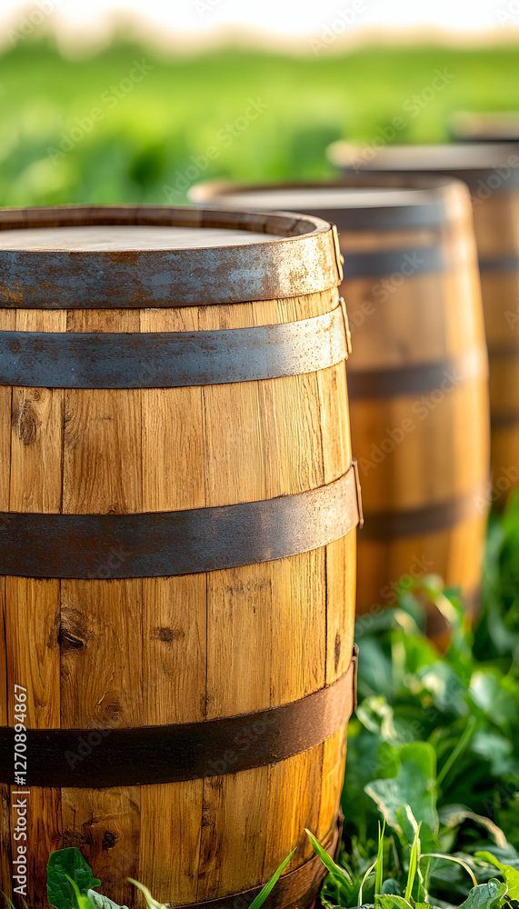 Wine barrels in vineyard row, aging, storing alcoholic beverage or drinks concept Wine barrels in vineyard row, aging, storing alcoholic beverage or drinks concept