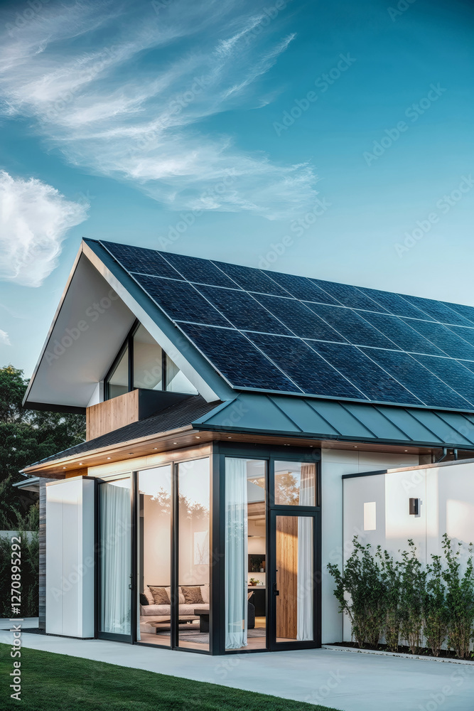 Eco-Friendly Abode: A modern home, with solar panels and a glass facade, stands as a beacon of sustainable living, under a cerulean sky Eco-Friendly Abode: A modern home, with solar panels and a glass facade, stands as a beacon of sustainable living, under a cerulean sky