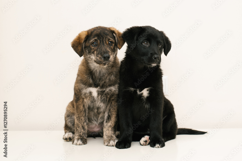 Obraz premium Two Puppies Sitting Together On White