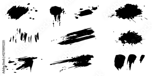Abstract black ink splashes and grungy brush strokes vector set on a white background