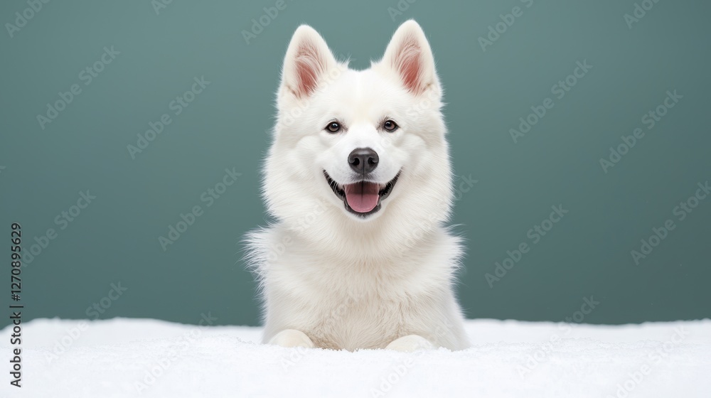 Fototapeta premium Fluffy white dog against a green background
