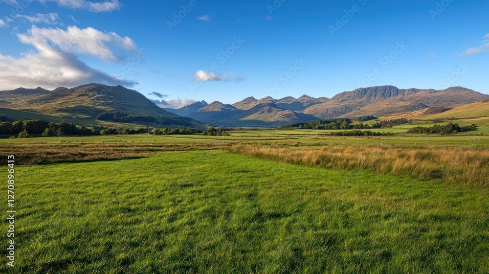 Vast Green Field and Mountain Range Under a Blue Sky Vast Green Field and Mountain Range Under a Blue Sky
