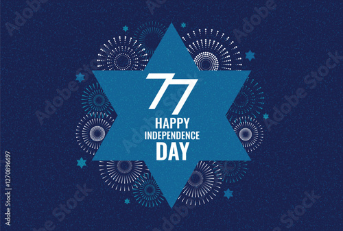 Israel's 77th Independence Day, Yom Haatzmaut Banner: Star of David and Fireworks. Vector design.