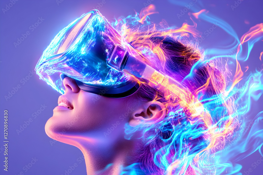Woman uses VR headset with smoke and colored light in futuristic technology concept Woman uses VR headset with smoke and colored light in futuristic technology concept