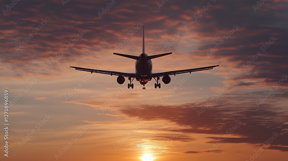 Silhouette of an airplane in flight against a colorful sunset sky with clouds : Generative AI