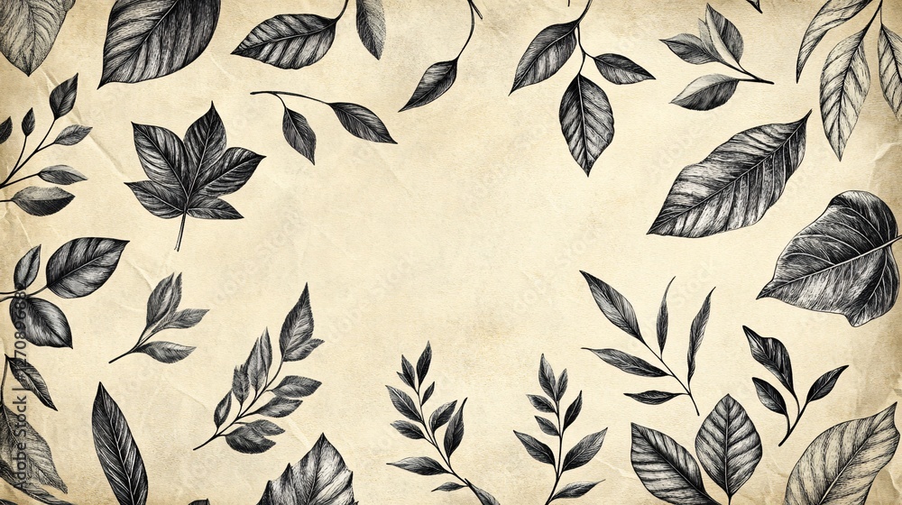 Monochrome Botanical Illustration On Textured Paper Background Monochrome Botanical Illustration On Textured Paper Background