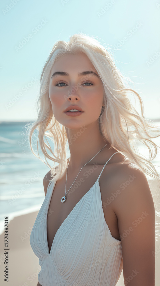 Sommerliches Strandportrait bei Sonnenuntergang in weißem Trägerkleid, natürliche Lichtstimmung und Meeresbrise, Boho-Stil Sommerliches Strandportrait bei Sonnenuntergang in weißem Trägerkleid, natürliche Lichtstimmung und Meeresbrise, Boho-Stil