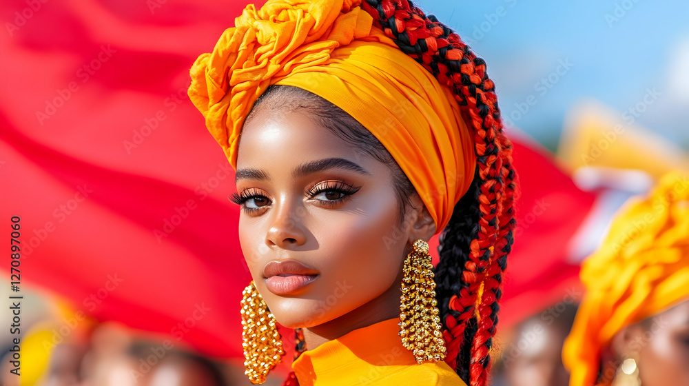 Woman wearing a yellow turban standing among people with red flags for a protest Woman wearing a yellow turban standing among people with red flags for a protest