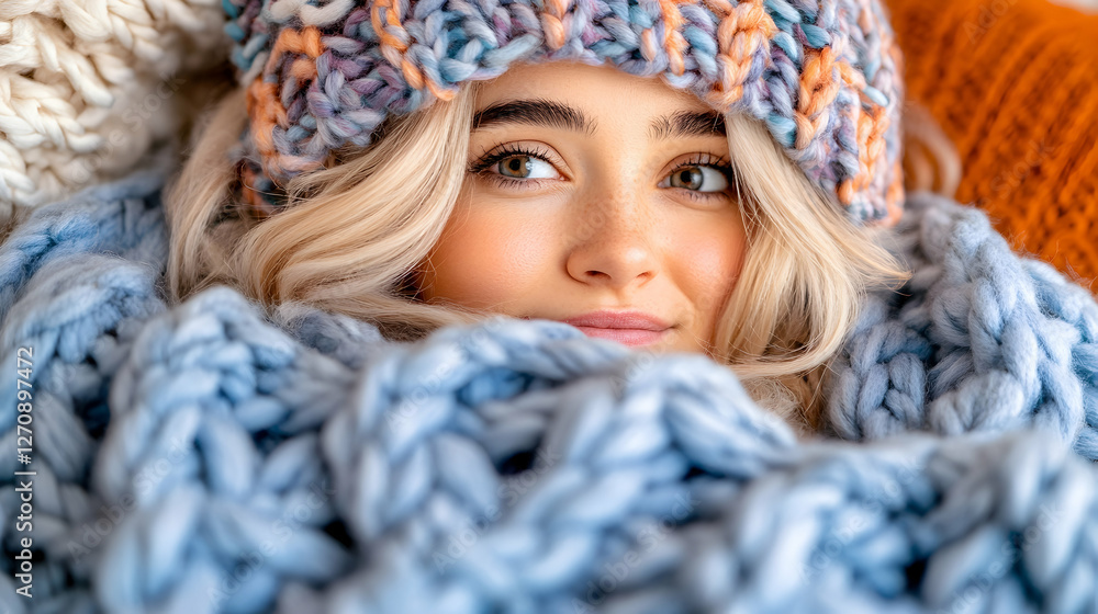 Woman wrapped in blanket, wearing hat. Cosy indoors scene for winter concept Woman wrapped in blanket, wearing hat. Cosy indoors scene for winter concept