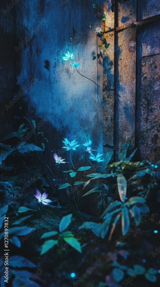 Fototapeta premium Glowing flowers bloom near weathered wall.