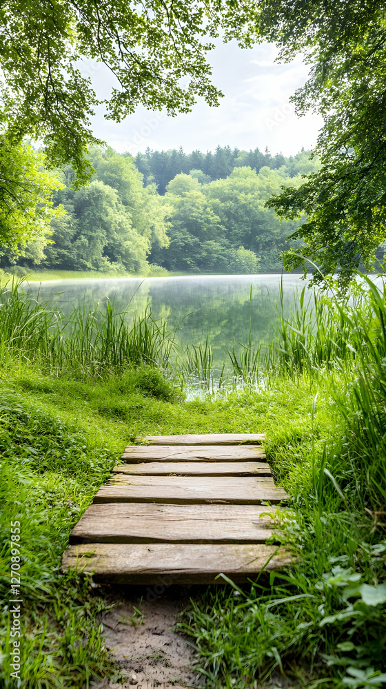 Wood path to lake surrounded by trees, water reflecting in the background Wood path to lake surrounded by trees, water reflecting in the background