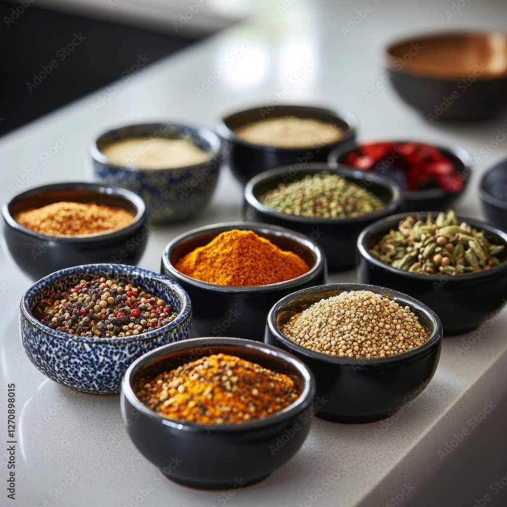 Variety of spices in ceramic bowls on modern kitchen counter Variety of spices in ceramic bowls on modern kitchen counter